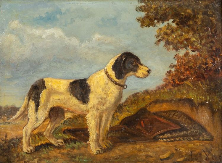 Huile sur panneau, signée Vincent De Vos (1829–1875). Chien de chasse