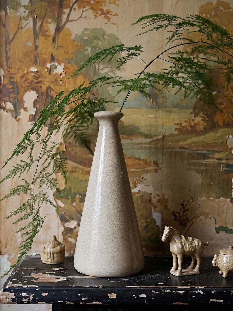 Vase conique Art Déco en faïence craquelée beige, vers 1930-1950