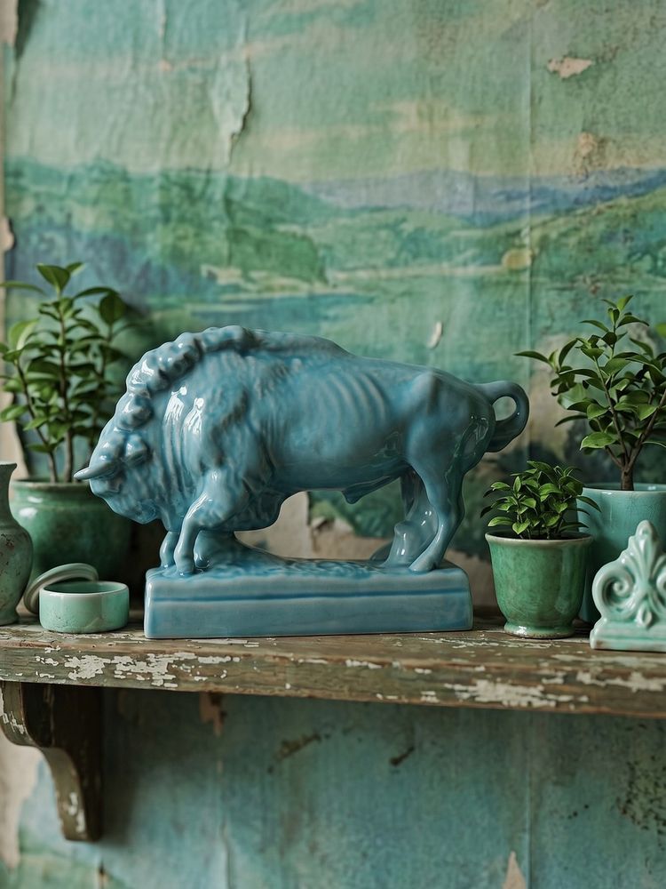 Bison Zsolnay en faïence émaillée turquoise, Hongrie, XXe siècle années 40-50