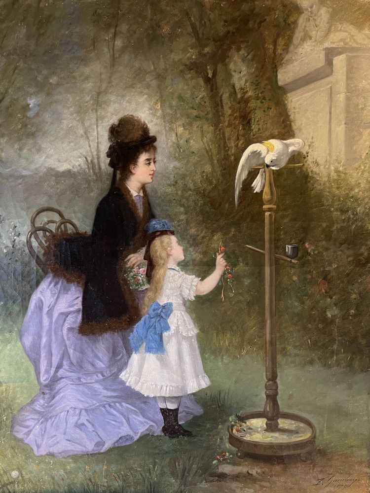Young Woman and Her Daughter with a Cockatoo by Emile Gambogi, dated 1875