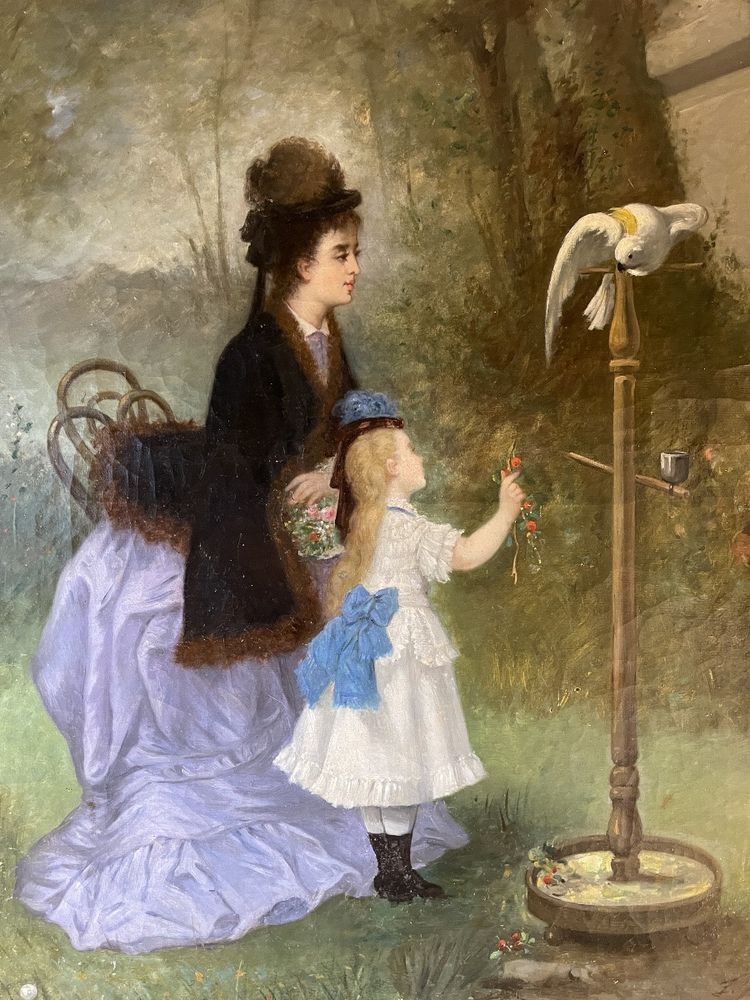 Young Woman and Her Daughter with a Cockatoo by Emile Gambogi, dated 1875