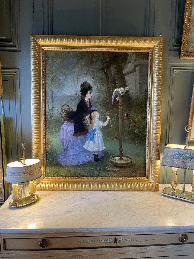 Young Woman and Her Daughter with a Cockatoo by Emile Gambogi, dated 1875