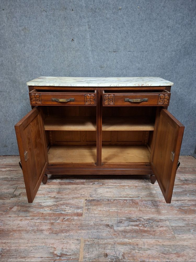 Art Deco sideboard in carved walnut and marble – Circa 1930