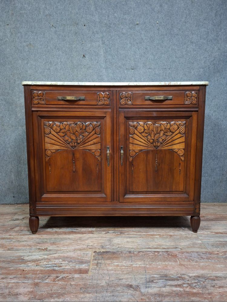 Art Deco sideboard in carved walnut and marble – Circa 1930