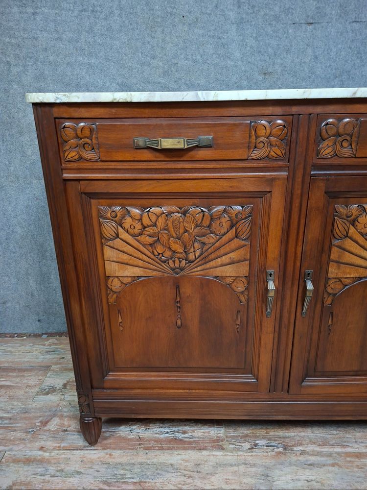 Art Deco sideboard in carved walnut and marble – Circa 1930