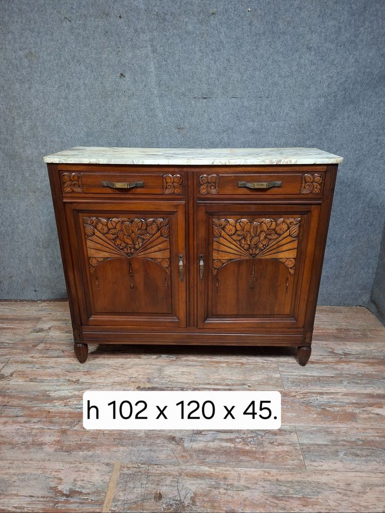 Art Deco sideboard in carved walnut and marble – Circa 1930