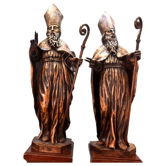 Pair Of Wooden Sculptures Representing 2 Bishops