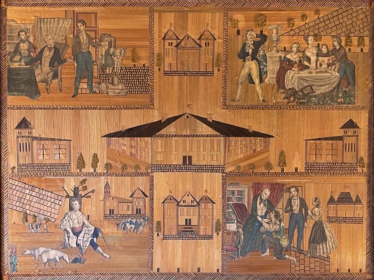 The Return of the Prodigal Son, straw marquetry and 19th-century engravings