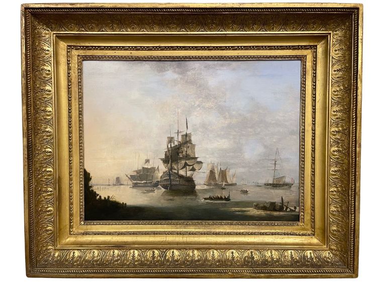 Dominique de Bast (1781-1842), Marina con velieri in una baia, 1820