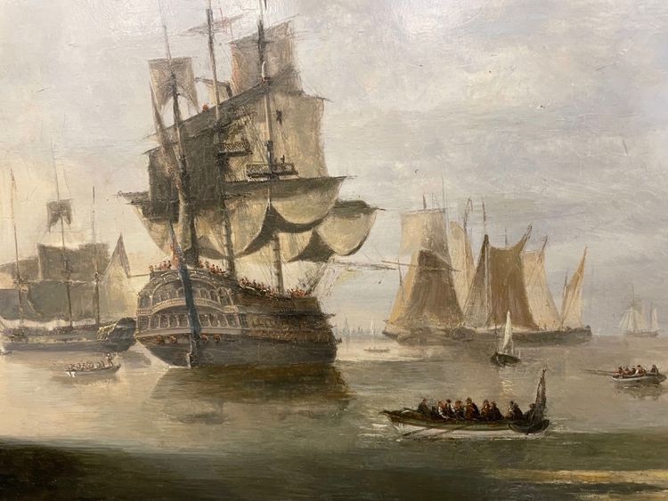 Dominique de Bast (1781-1842), Marina con velieri in una baia, 1820