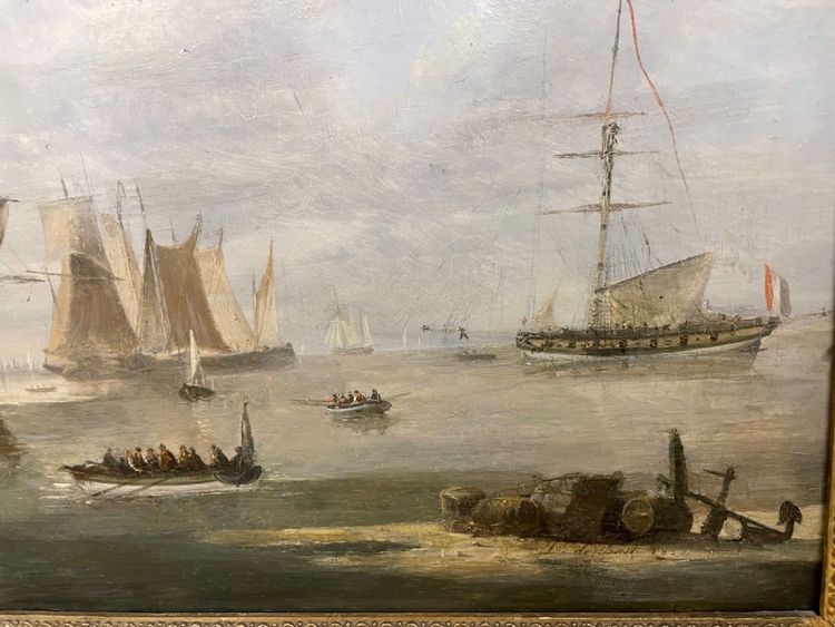 Dominique de Bast (1781-1842), Marina con velieri in una baia, 1820