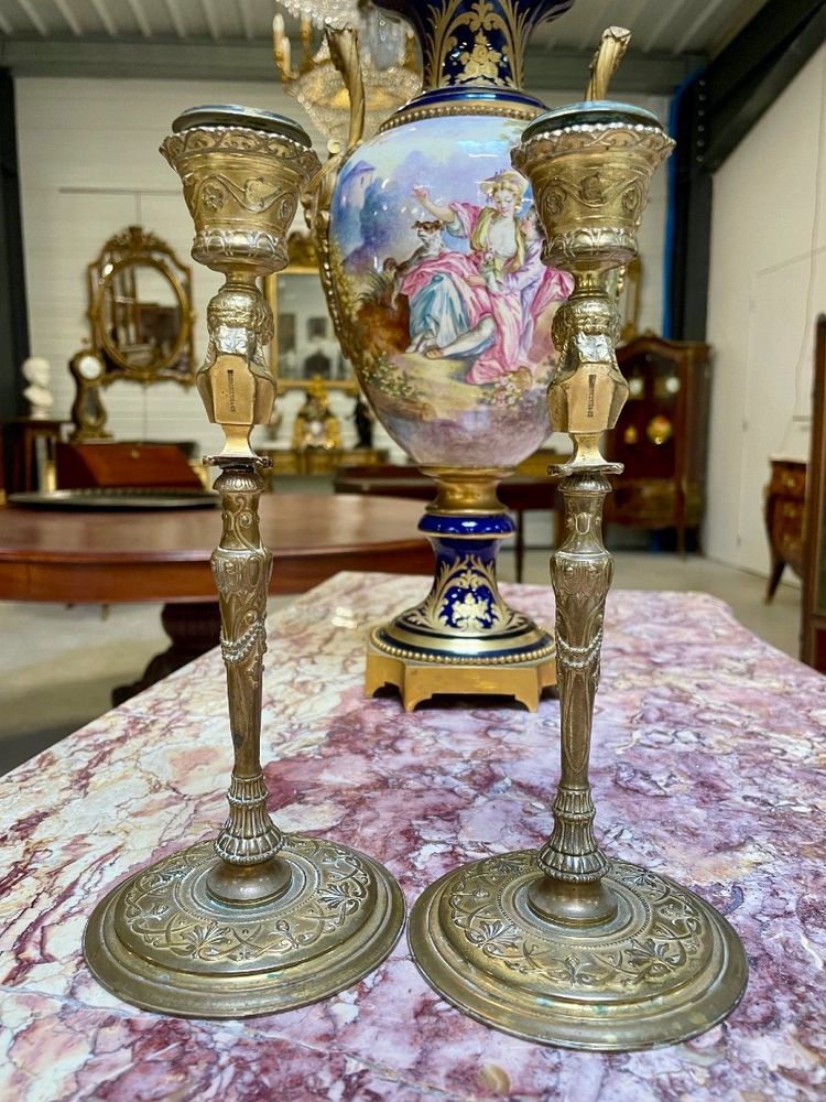 Ferdinand Barbedienne – Pair of Renaissance-style candlesticks in gilded bronze, circa 1880