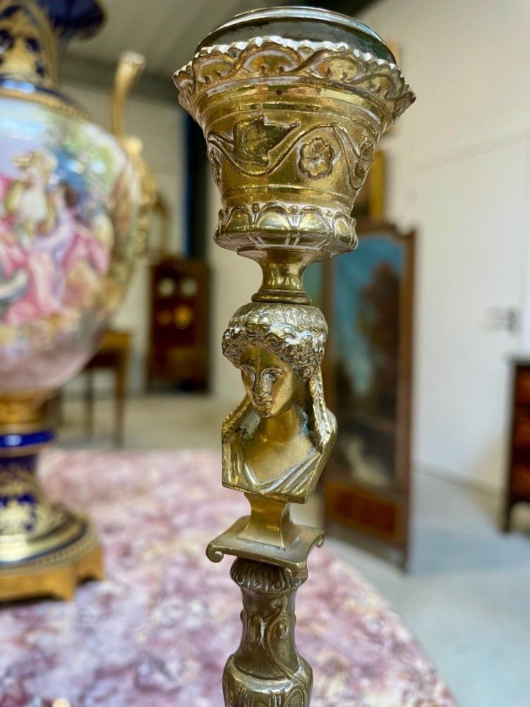 Ferdinand Barbedienne – Pair of Renaissance-style candlesticks in gilded bronze, circa 1880