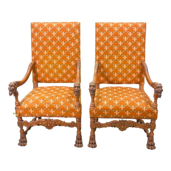 Renaissance Style Walnut Armchairs With Devils Heads