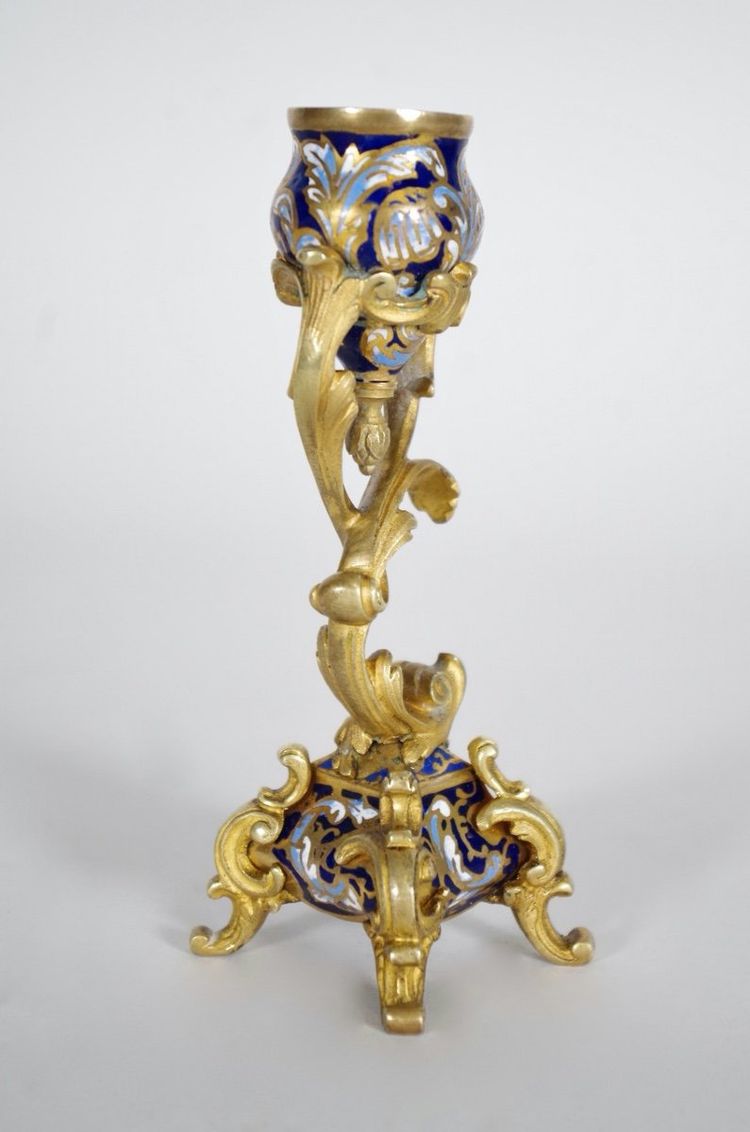 Pair of Napoleon III candlesticks in gilded bronze with cloisonné, circa 1880