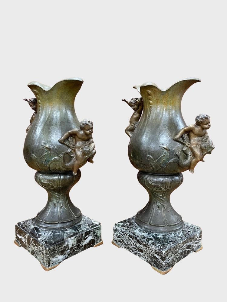 Pair of Napoleon III vases in patinated spelter and green marble, circa 1880