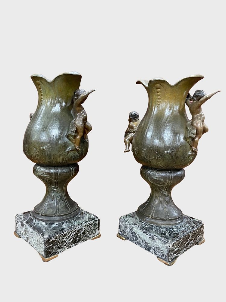 Pair of Napoleon III vases in patinated spelter and green marble, circa 1880
