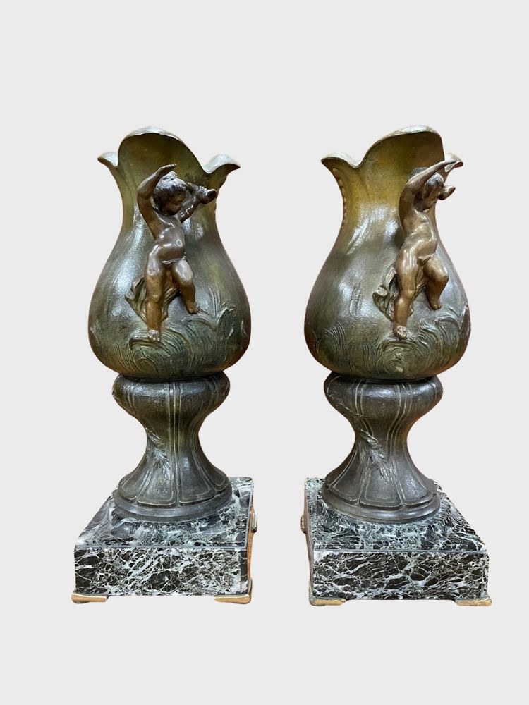 Pair of Napoleon III vases in patinated spelter and green marble, circa 1880