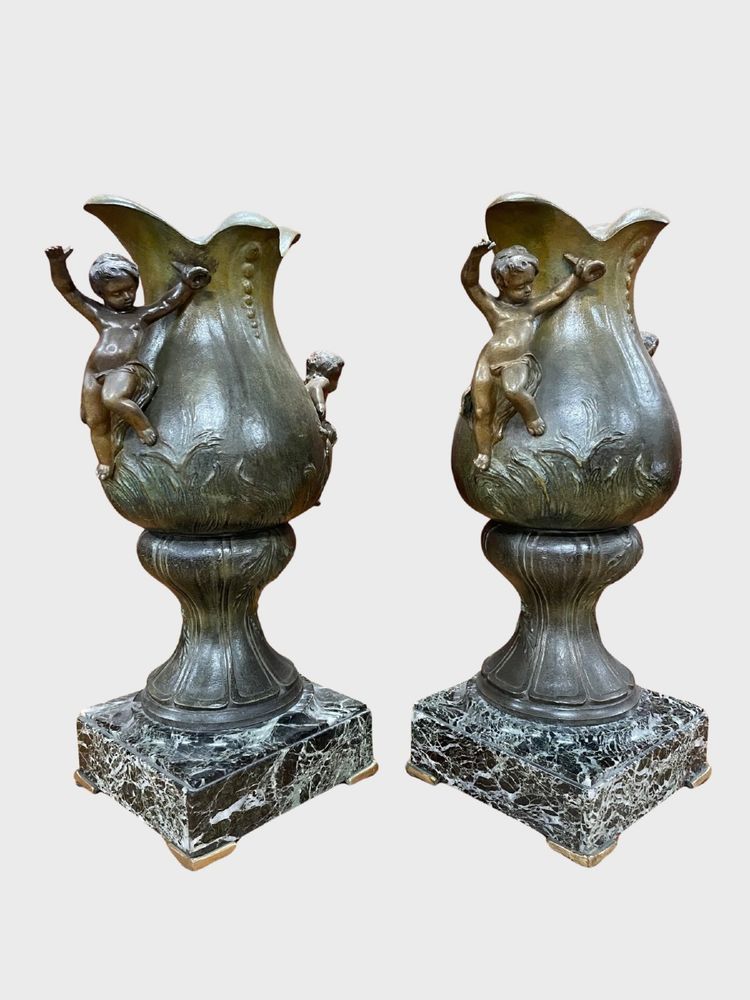 Pair of Napoleon III vases in patinated spelter and green marble, circa 1880