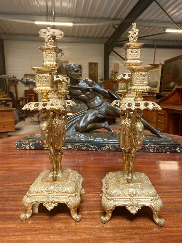 Pair of Far Eastern-style candelabra in gilded bronze, circa 1880