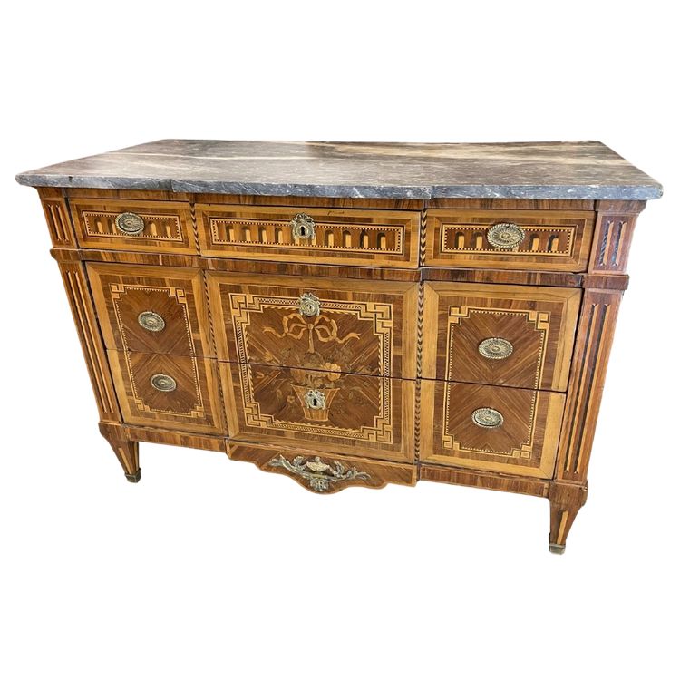 Kommode im Louis-XVI-Stil mit Intarsien, blauer Marmor aus Aspin, Ende des 18. Jahrhunderts