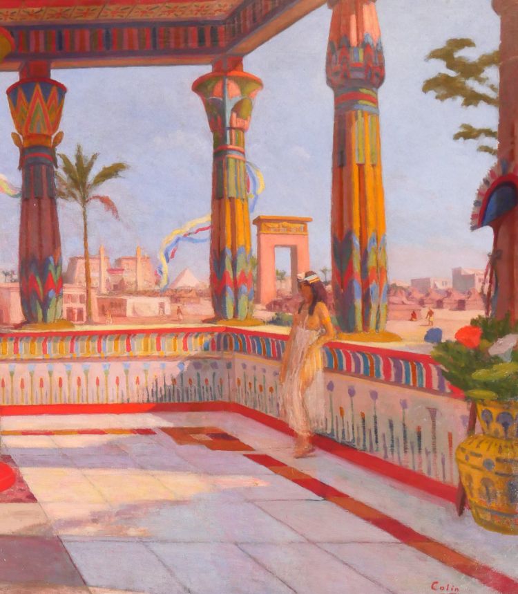 Roberto Colin 1879-1935 Egypt, Terrace at Luxor, large painting, Salon, 1924-25 Karnak landscape