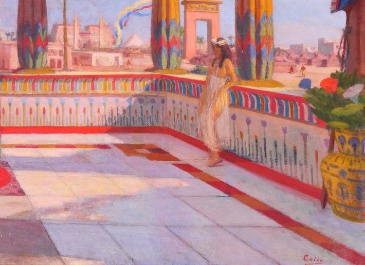 Roberto Colin 1879-1935 Egypt, Terrace at Luxor, large painting, Salon, 1924-25 Karnak landscape