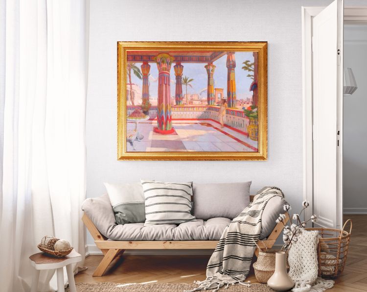 Roberto Colin 1879-1935 Egypt, Terrace at Luxor, large painting, Salon, 1924-25 Karnak landscape