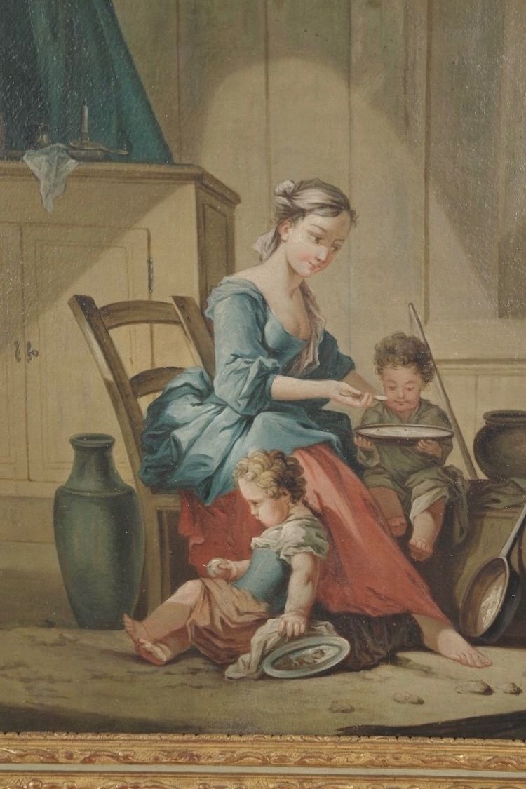 Trumeau Louis XIV à la Bérain, huile sur toile dans le goût de François Boucher