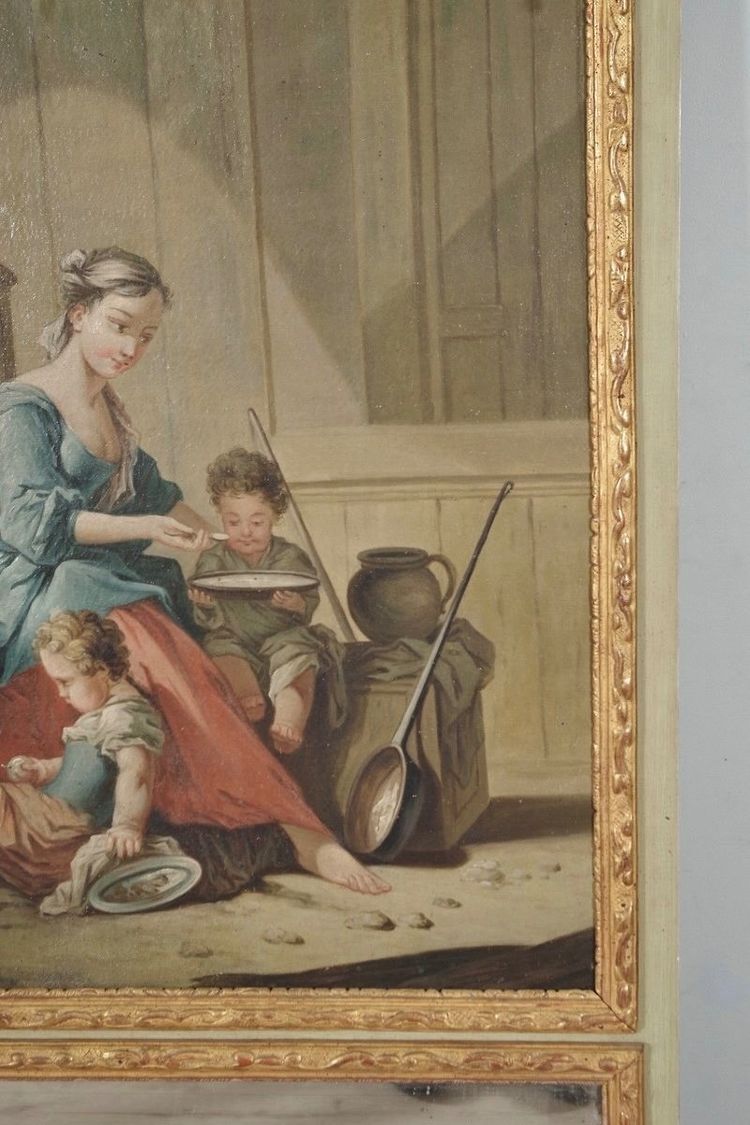 Trumeau Louis XIV à la Bérain, huile sur toile dans le goût de François Boucher