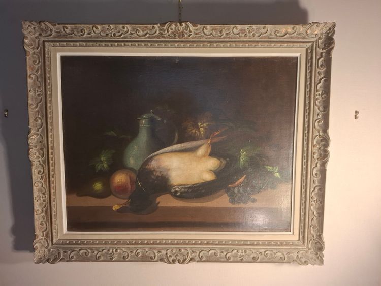 Still life with duck and fruit, oil on canvas from the 19th century.