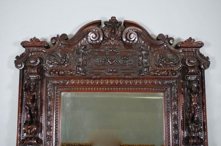 Important miroir Renaissance en noyer sculpté, vers 1880