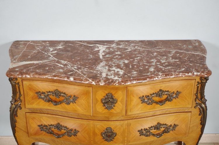Louis XV style bombé commode in marquetry, circa 1950