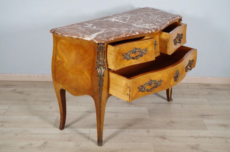 Louis XV style bombé commode in marquetry, circa 1950