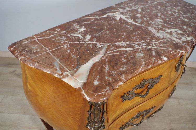 Louis XV style bombé commode in marquetry, circa 1950