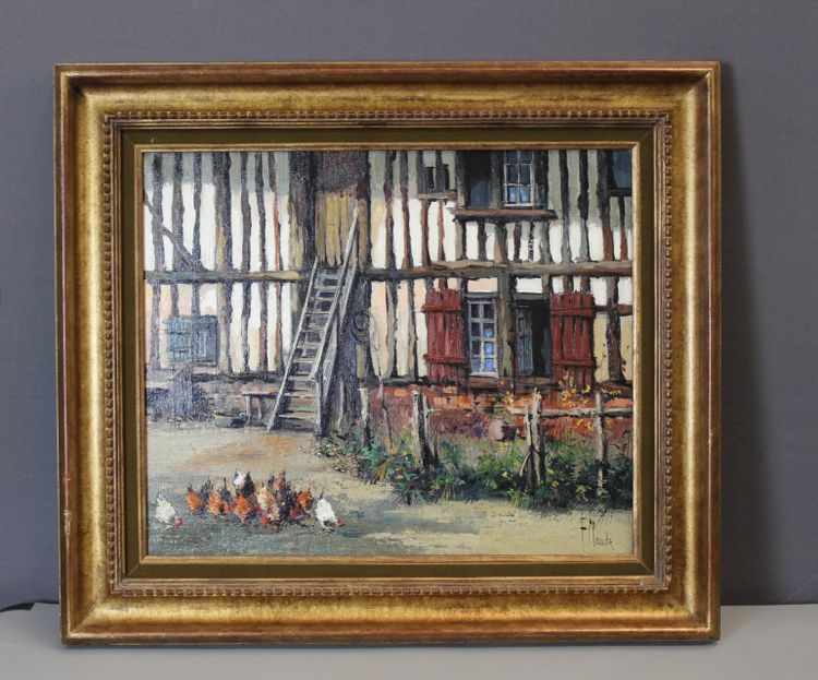 Oil on canvas "Farmyard with Chickens" by Claude