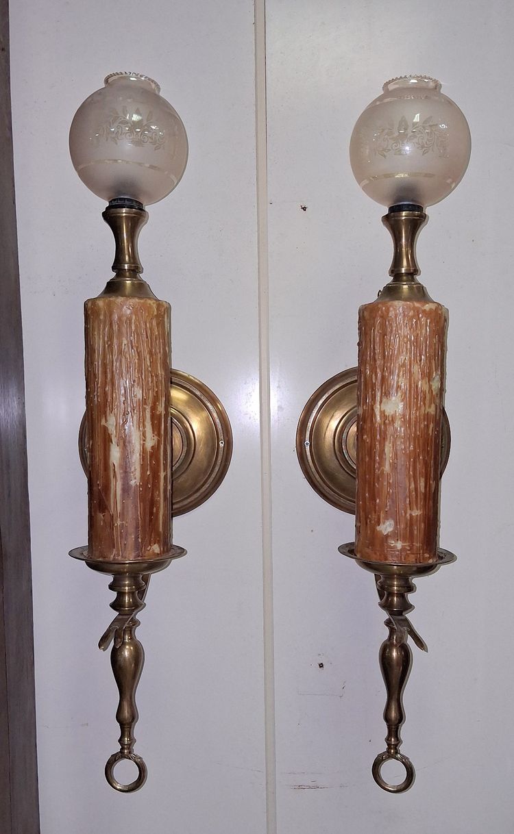 Pair of Bronze and Gilt Brass Wax Candle-Style Wall Sconces with Etched Glass Globes