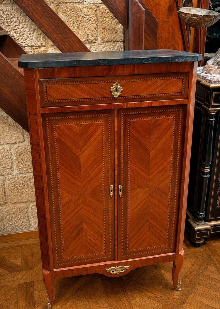 Louis XV style marquetry cabinet/side table with black marble top – late 19th century