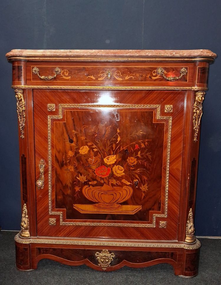 Napoleon III side table in floral marquetry, with a red cherry marble top