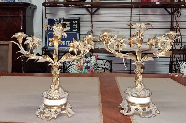 Pair of Louis XV Rococo style candlesticks in gilt bronze and marble