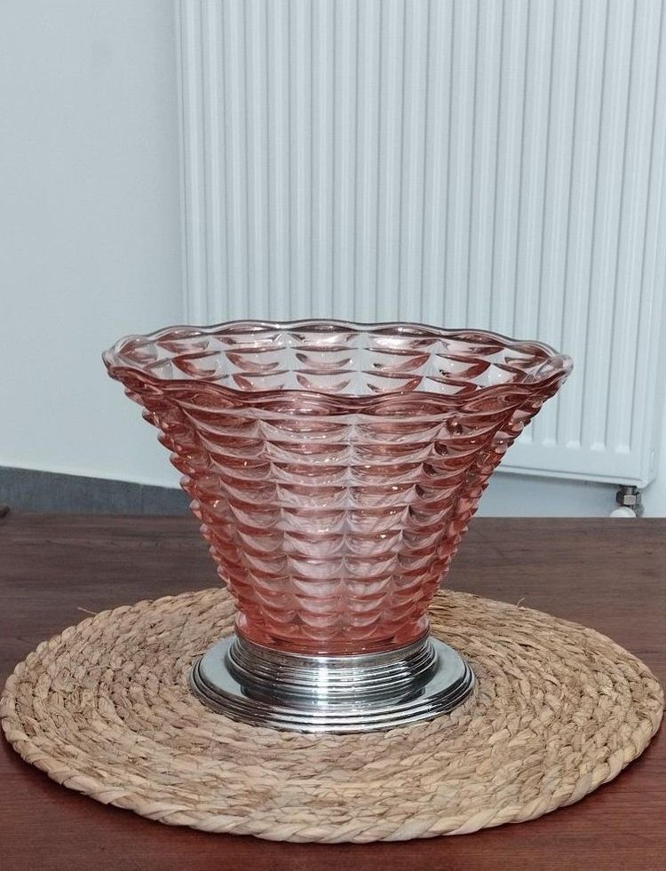Vaso Art Déco a forma di imbuto, centrotavola, ciotola in vetro soffiato e montatura cromata – Circa 1930