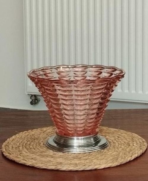 Vaso Art Déco a forma di imbuto, centrotavola, ciotola in vetro soffiato e montatura cromata – Circa 1930