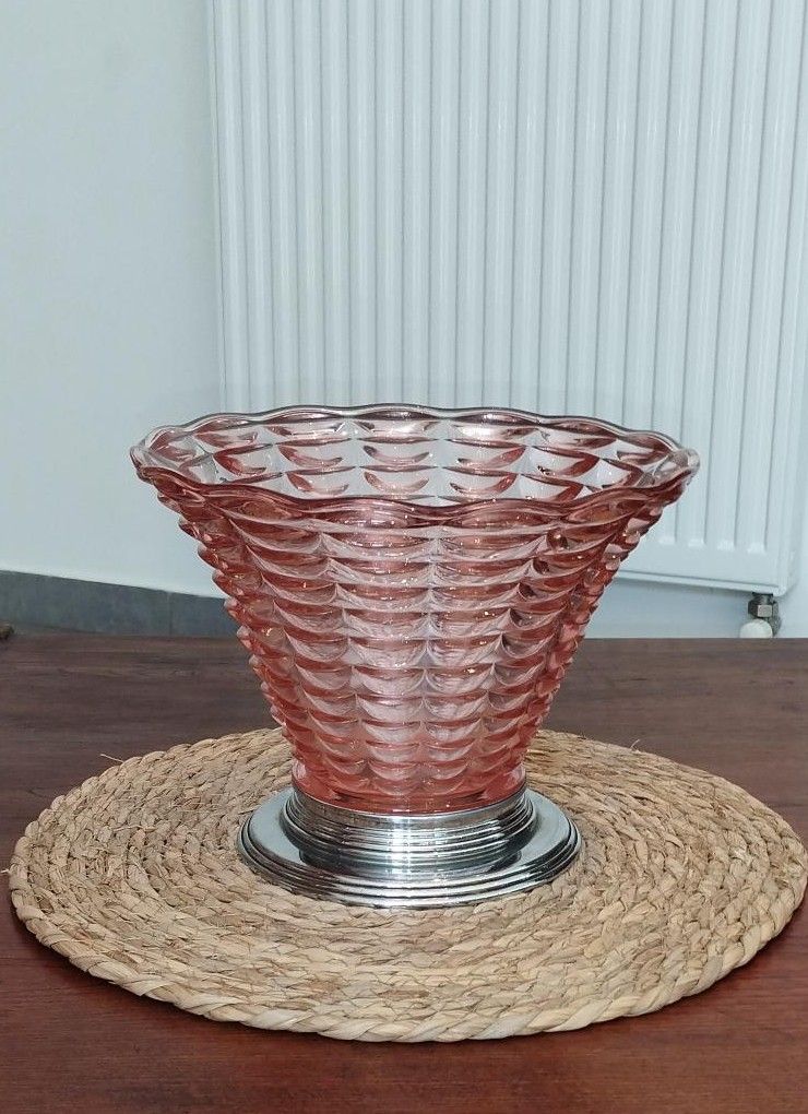 Vaso Art Déco a forma di imbuto, centrotavola, ciotola in vetro soffiato e montatura cromata – Circa 1930