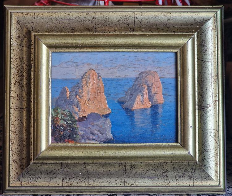 Miniature painting of rocks in Capri, Italy, a seascape attributed to Guido Odierna, an Orientalist