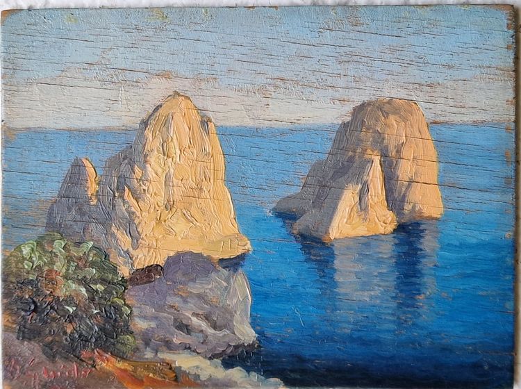 Miniature painting of rocks in Capri, Italy, a seascape attributed to Guido Odierna, an Orientalist