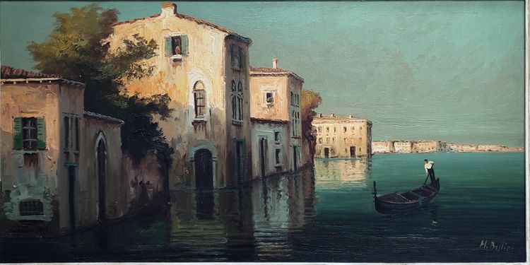 Grande quadro con vista panoramica di Venezia, cornice Montparnasse, firmato H. Bellini