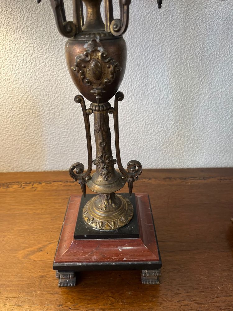 Pair of candelabras made of bronze and two-tone marble.