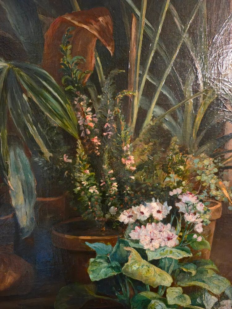 Wintergarten – Großes naturalistisches Gemälde, signiert und datiert 1881.