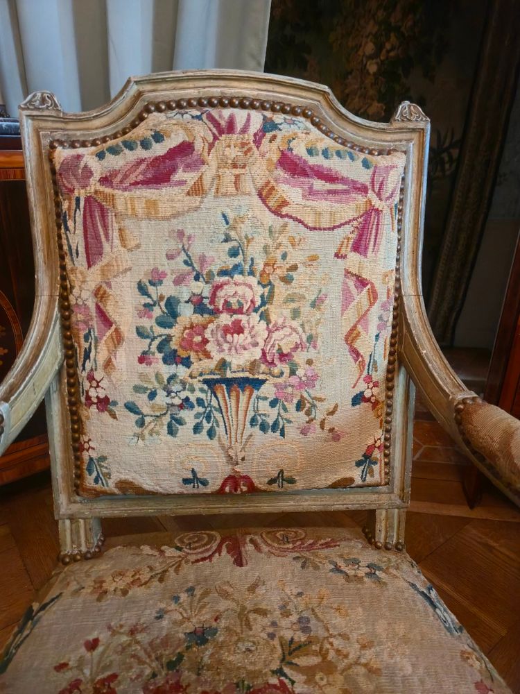 Pair of Louis XVI period queen's armchairs, upholstered in their Beauvais tapestry.