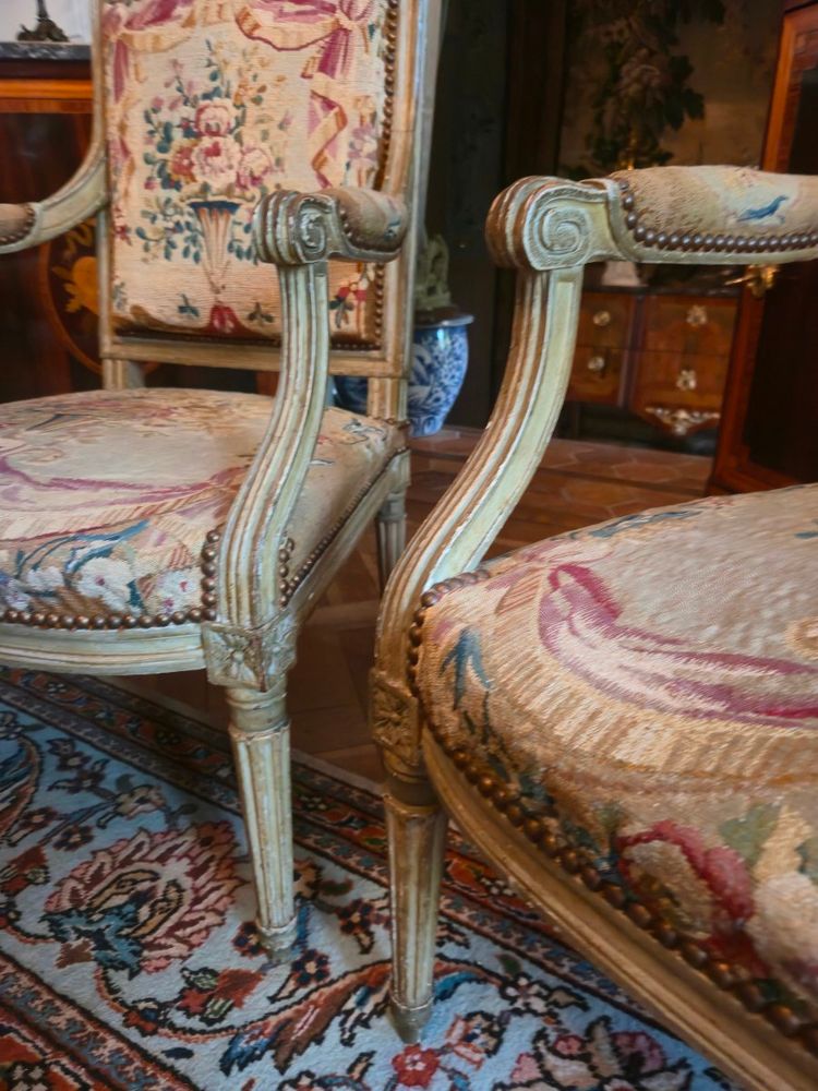 Pair of Louis XVI period queen's armchairs, upholstered in their Beauvais tapestry.